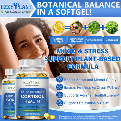 Cortisol Supplements für Frauen und Männer – Softgels mit Phosphatidylserin, Magnesium, Ashwagandha, L-Theanin – Hochabsorbierbare Kortisol-Detox-Kapseln für Entspannung, Stressabbau und besseren Schlaf – Non-GMO, 60 Portionen