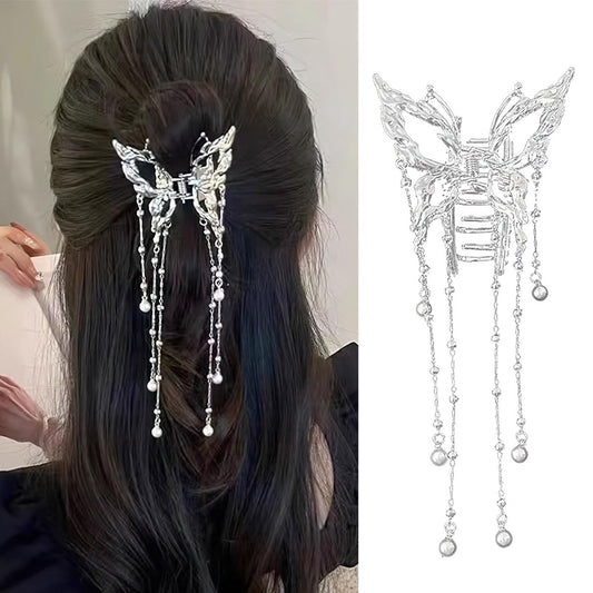 Hohle Schmetterlings-Haarspangen mit Quaste, Metall Silber Kristall Perle Schmetterling Haarklammern, Funkelnde flatternde Kettenquaste, rutschfeste Krallen-Haarzubehör für Frauen
