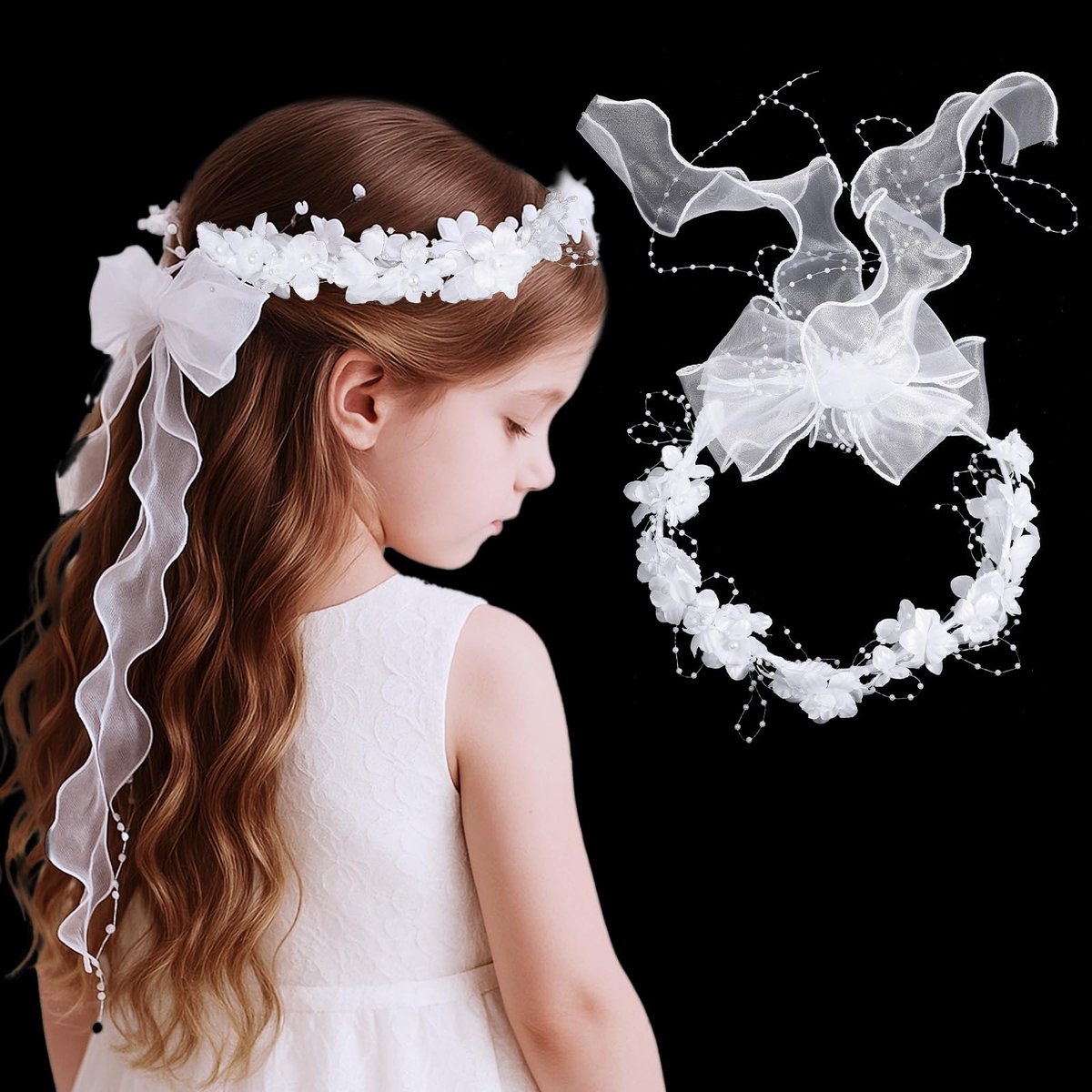 GEEHUA Erstkommunion-Stirnbänder für Mädchen, Weißes Blumen-Stirnband mit Schleier, Blumenschmuck Brautkrone Hochzeits-Schleier mit Perlen Haarreif Accessoire für Frauen und Mädchen