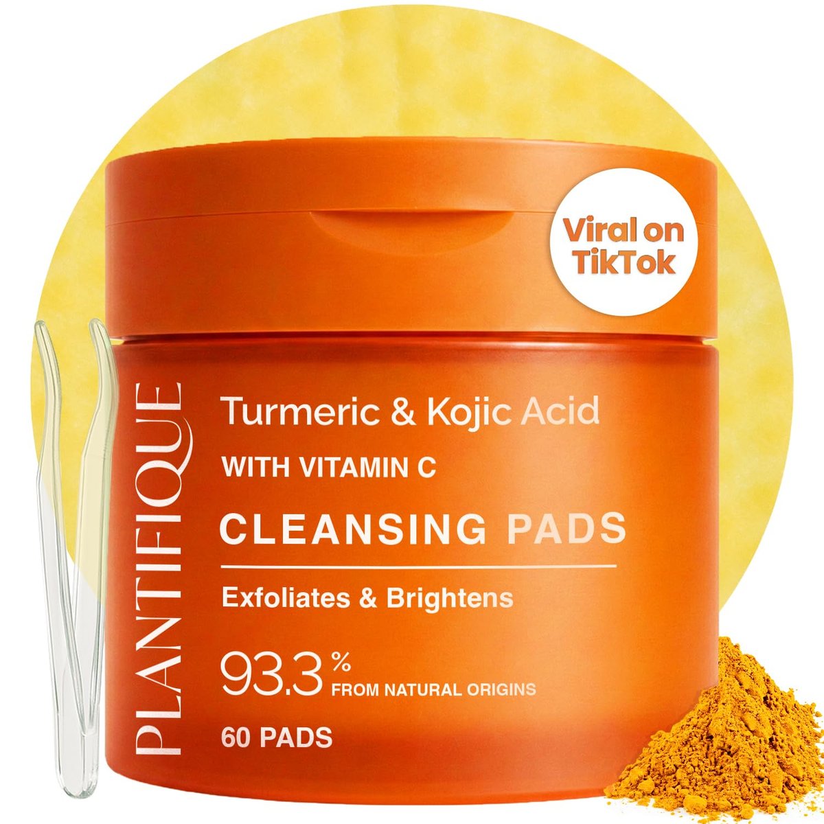 PLANTIFIQUE Kojic-Säure & Kurkuma-Pads gegen dunkle Flecken – Laborgetestet – 60 Gesichtsreinigungspads mit Ceramiden, Niacinamid & Vitamin C