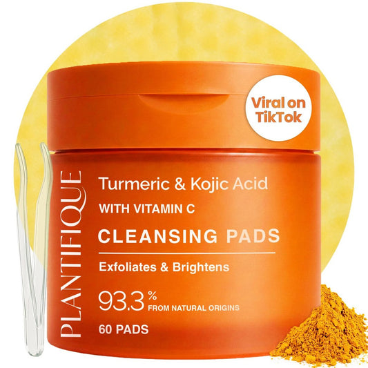 PLANTIFIQUE Kojic-Säure & Kurkuma-Pads gegen dunkle Flecken – Laborgetestet – 60 Gesichtsreinigungspads mit Ceramiden, Niacinamid & Vitamin C