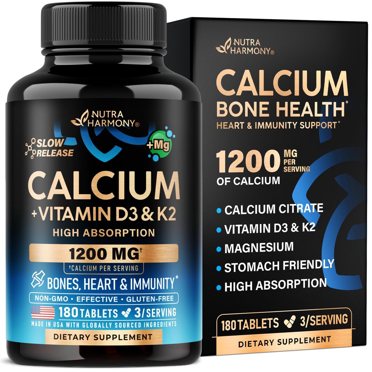 Calcium 1200 mg mit Vitamin D3 - Calciumcitrat für Frauen & Männer - Knochengesundheit, Stärke & Dichte - Hohe Absorption & Langsame Freisetzung - Laborgeprüft - 180 Tabletten, 60 Tage Vorrat