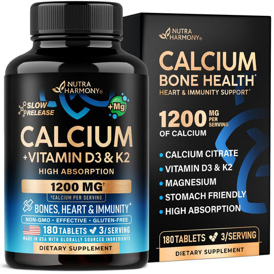 Calcium 1200 mg mit Vitamin D3 - Calciumcitrat für Frauen & Männer - Knochengesundheit, Stärke & Dichte - Hohe Absorption & Langsame Freisetzung - Laborgeprüft - 180 Tabletten, 60 Tage Vorrat