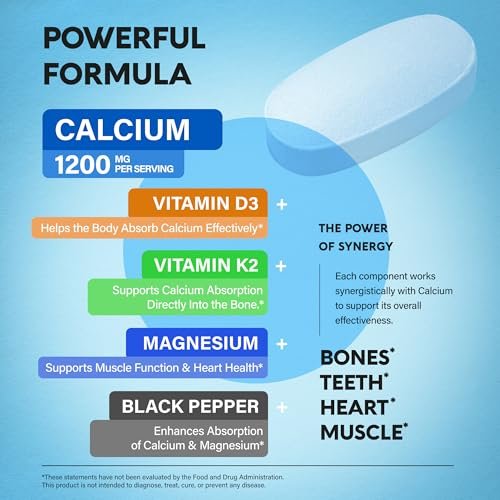 Calcium 1200 mg mit Vitamin D3 - Calciumcitrat für Frauen & Männer - Knochengesundheit, Stärke & Dichte - Hohe Absorption & Langsame Freisetzung - Laborgeprüft - 180 Tabletten, 60 Tage Vorrat