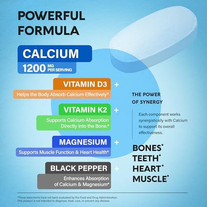 Calcium 1200 mg mit Vitamin D3 - Calciumcitrat für Frauen & Männer - Knochengesundheit, Stärke & Dichte - Hohe Absorption & Langsame Freisetzung - Laborgeprüft - 180 Tabletten, 60 Tage Vorrat