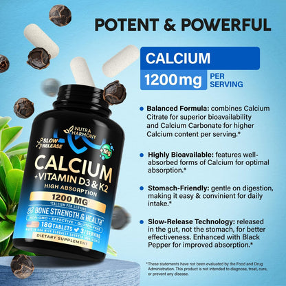 Calcium 1200 mg mit Vitamin D3 - Calciumcitrat für Frauen & Männer - Knochengesundheit, Stärke & Dichte - Hohe Absorption & Langsame Freisetzung - Laborgeprüft - 180 Tabletten, 60 Tage Vorrat