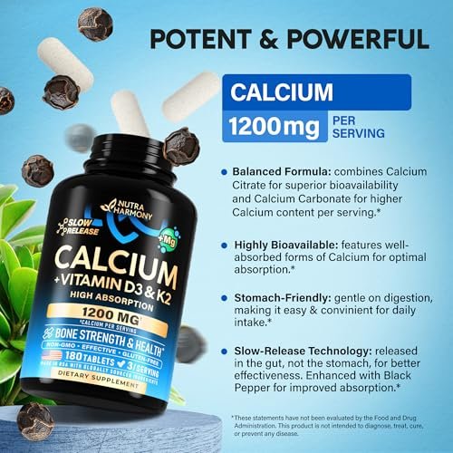 Calcium 1200 mg mit Vitamin D3 - Calciumcitrat für Frauen & Männer - Knochengesundheit, Stärke & Dichte - Hohe Absorption & Langsame Freisetzung - Laborgeprüft - 180 Tabletten, 60 Tage Vorrat