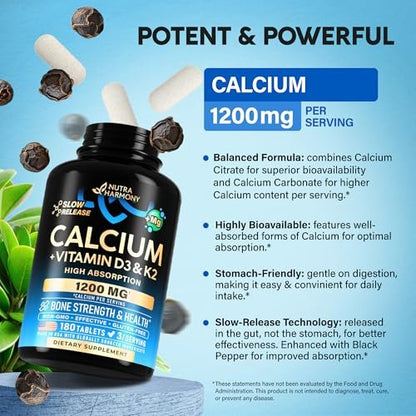 Calcium 1200 mg mit Vitamin D3 - Calciumcitrat für Frauen & Männer - Knochengesundheit, Stärke & Dichte - Hohe Absorption & Langsame Freisetzung - Laborgeprüft - 180 Tabletten, 60 Tage Vorrat