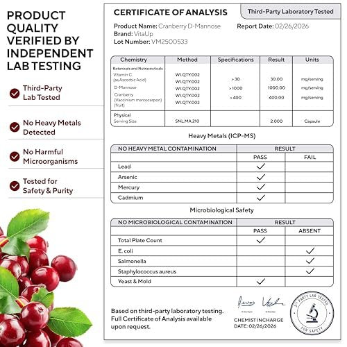 VitaUp D-Mannose & Cranberry Kapseln für Frauen – USA-Hergestellt, mit Cranberry, Vitamin C & D-Mannose – Unterstützung für Harnwege und Blase – 90 Vegane Kapseln