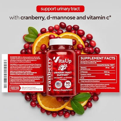 VitaUp D-Mannose & Cranberry Kapseln für Frauen – USA-Hergestellt, mit Cranberry, Vitamin C & D-Mannose – Unterstützung für Harnwege und Blase – 90 Vegane Kapseln