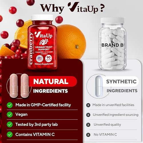VitaUp D-Mannose & Cranberry Kapseln für Frauen – USA-Hergestellt, mit Cranberry, Vitamin C & D-Mannose – Unterstützung für Harnwege und Blase – 90 Vegane Kapseln