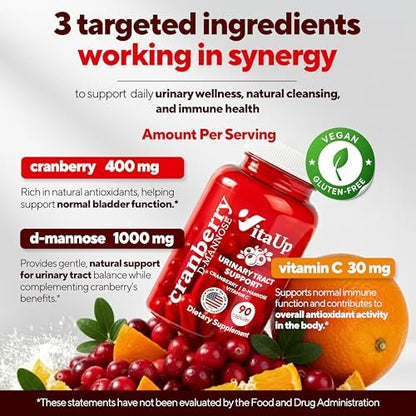 VitaUp D-Mannose & Cranberry Kapseln für Frauen – USA-Hergestellt, mit Cranberry, Vitamin C & D-Mannose – Unterstützung für Harnwege und Blase – 90 Vegane Kapseln