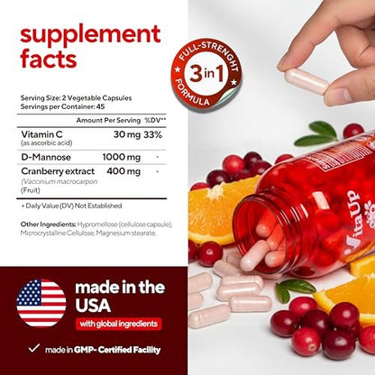 VitaUp D-Mannose & Cranberry Kapseln für Frauen – USA-Hergestellt, mit Cranberry, Vitamin C & D-Mannose – Unterstützung für Harnwege und Blase – 90 Vegane Kapseln