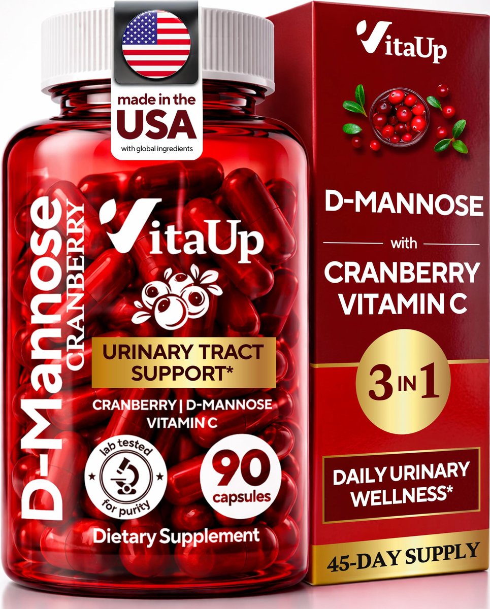VitaUp D-Mannose & Cranberry Kapseln für Frauen – USA-Hergestellt, mit Cranberry, Vitamin C & D-Mannose – Unterstützung für Harnwege und Blase – 90 Vegane Kapseln
