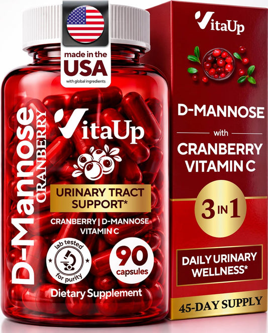 VitaUp D-Mannose & Cranberry Kapseln für Frauen – USA-Hergestellt, mit Cranberry, Vitamin C & D-Mannose – Unterstützung für Harnwege und Blase – 90 Vegane Kapseln