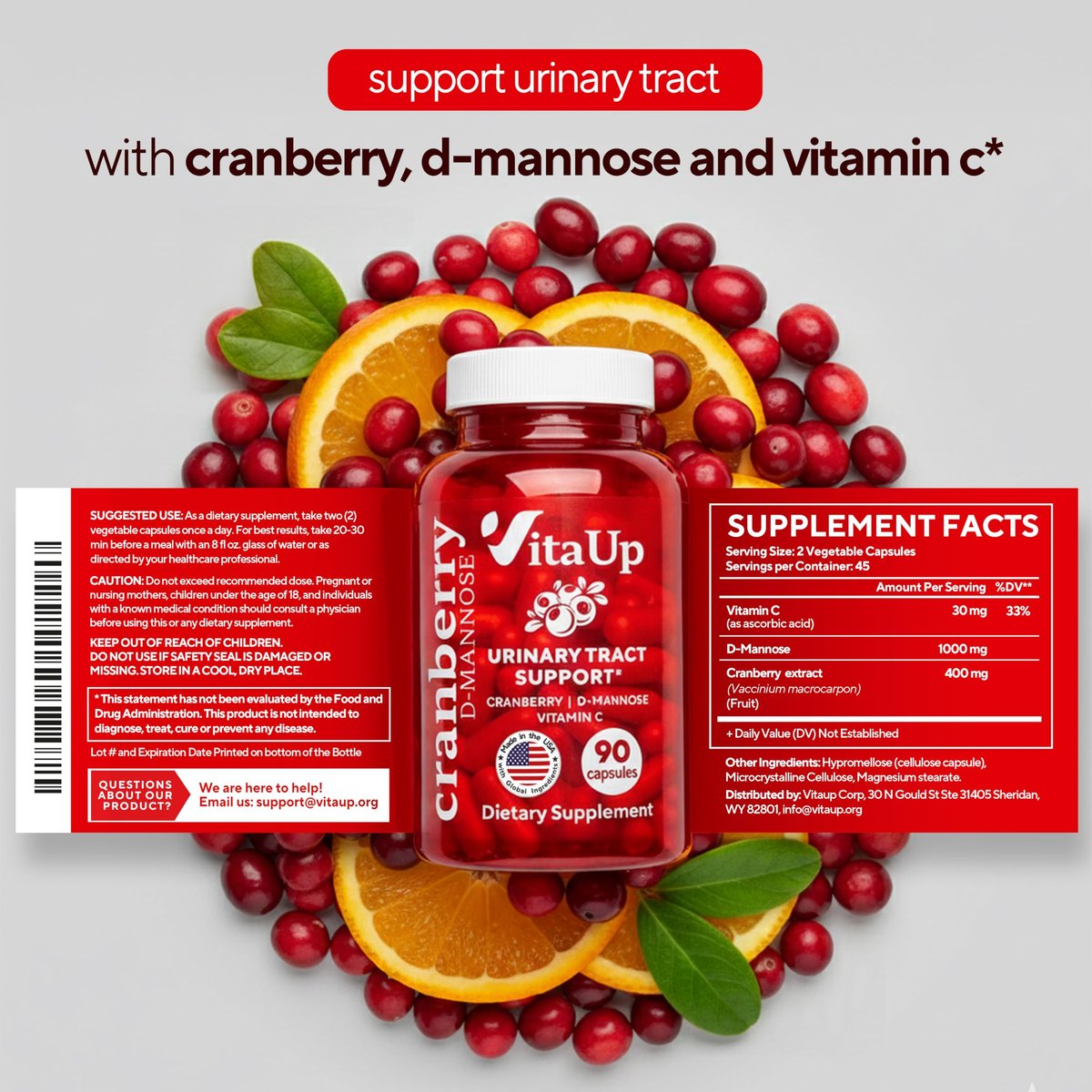 VitaUp D-Mannose & Cranberry Kapseln für Frauen – USA-Hergestellt, mit Cranberry, Vitamin C & D-Mannose – Unterstützung für Harnwege und Blase – 90 Vegane Kapseln