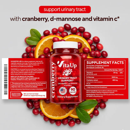 VitaUp D-Mannose & Cranberry Kapseln für Frauen – USA-Hergestellt, mit Cranberry, Vitamin C & D-Mannose – Unterstützung für Harnwege und Blase – 90 Vegane Kapseln