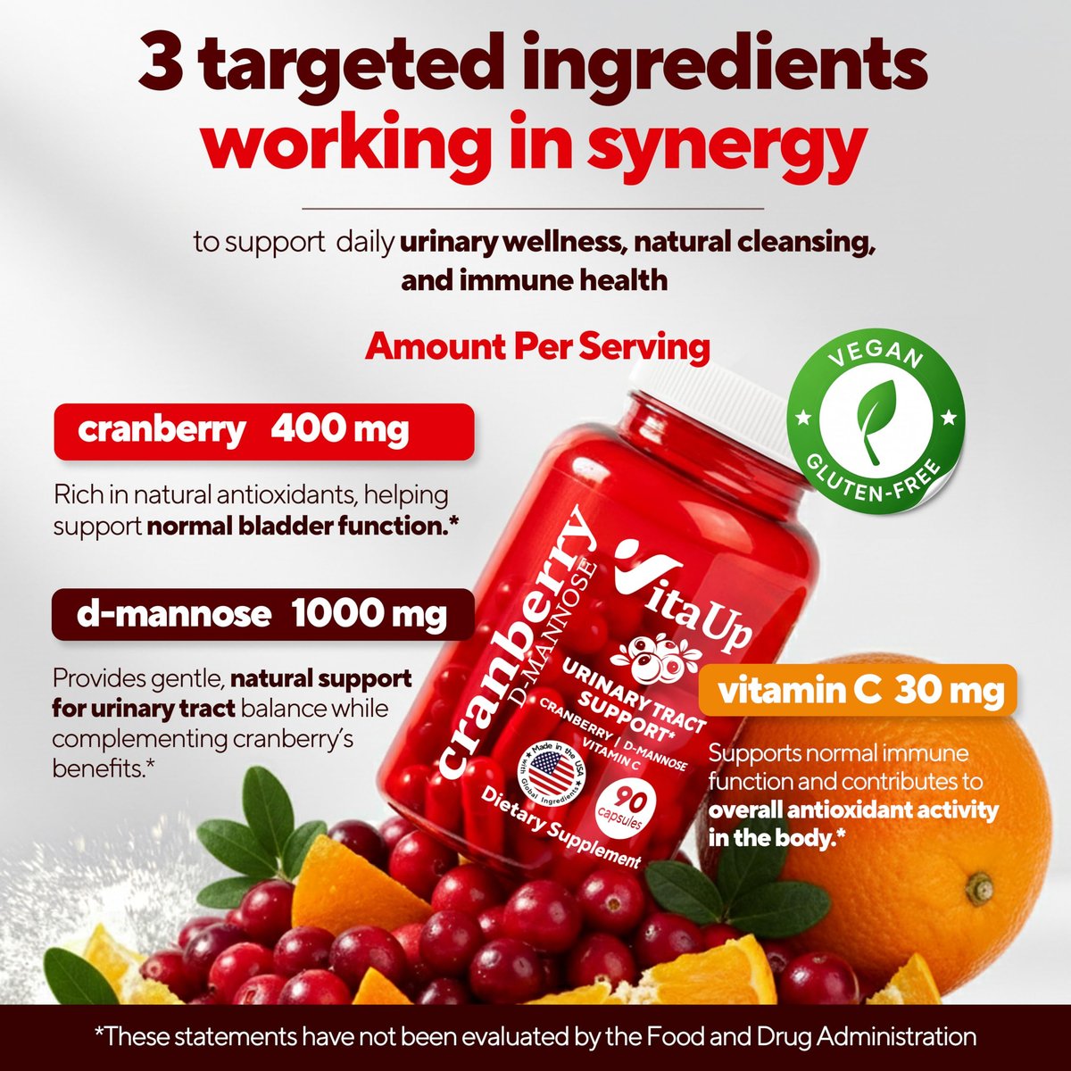 VitaUp D-Mannose & Cranberry Kapseln für Frauen – USA-Hergestellt, mit Cranberry, Vitamin C & D-Mannose – Unterstützung für Harnwege und Blase – 90 Vegane Kapseln