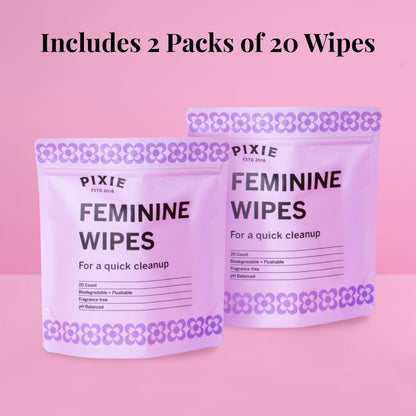 Pixie Feminine Wipes – Spülbar, biologisch abbaubar & pH-ausgeglichen – einzeln verpackte Tücher für unterwegs und öffentliche Toiletten – Reinigung für Menstruationstassen und -scheiben (2 Packungen à 20 Tücher)