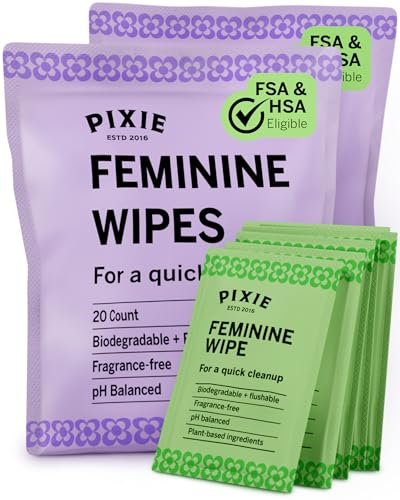 Pixie Feminine Wipes – Spülbar, biologisch abbaubar & pH-ausgeglichen – einzeln verpackte Tücher für unterwegs und öffentliche Toiletten – Reinigung für Menstruationstassen und -scheiben (2 Packungen à 20 Tücher)