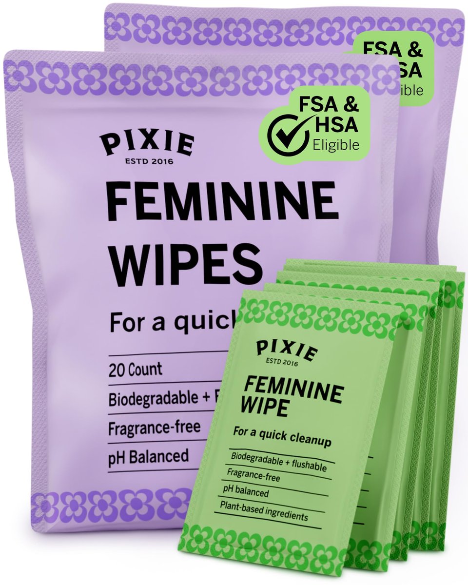 Pixie Feminine Wipes – Spülbar, biologisch abbaubar & pH-ausgeglichen – einzeln verpackte Tücher für unterwegs und öffentliche Toiletten – Reinigung für Menstruationstassen und -scheiben (2 Packungen à 20 Tücher)
