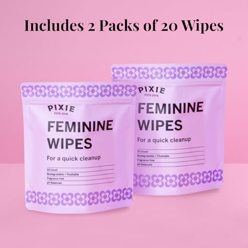 Pixie Feminine Wipes – Spülbar, biologisch abbaubar & pH-ausgeglichen – einzeln verpackte Tücher für unterwegs und öffentliche Toiletten – Reinigung für Menstruationstassen und -scheiben (2 Packungen à 20 Tücher)