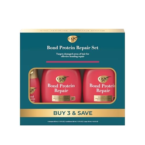 OGX Repair & Protect Bond Protein Repair Haarpflege-Set – Leichtes Shampoo & Conditioner für geschädigtes Haar, 450°F Hitzeschutzspray für schwerelosen Schutz, 3-teilig