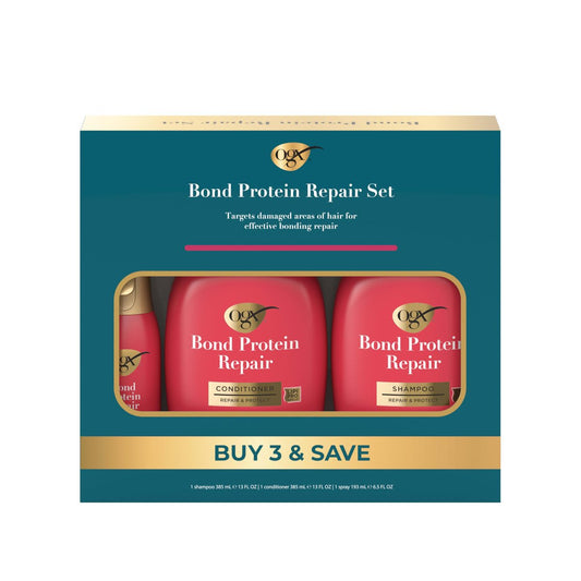 OGX Repair & Protect Bond Protein Repair Haarpflege-Set – Leichtes Shampoo & Conditioner für geschädigtes Haar, 450°F Hitzeschutzspray für schwerelosen Schutz, 3-teilig