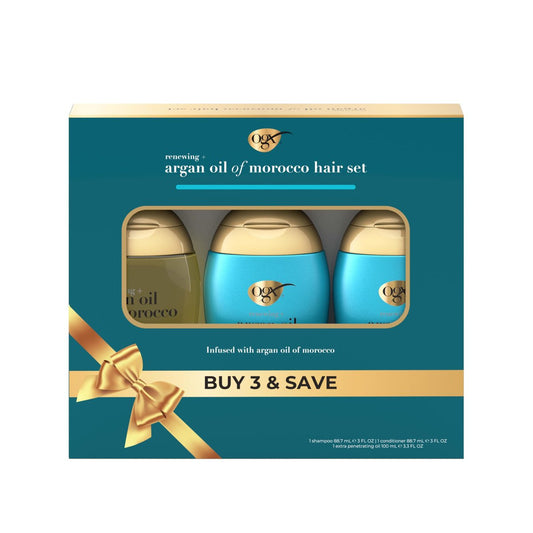 OGX® Erneuerndes Arganöl aus Marokko Haarpflege-Set für unterwegs: Schadenreparatur Shampoo & Conditioner, 2x 88 ml, & OGX® Extra Penetrierende Haaröl-Behandlung, 100 ml, 3-teilig