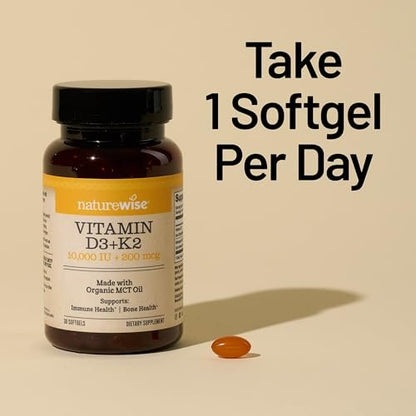 NatureWise Veganes Vitamin D3 + K2 mit Bio-Kokos-MCT-Öl – Natürliches D3 5000 IE + Natürliches K2 100 μg – Hochabsorbierender Knochenunterstützung – Soja- & glutenfrei – Hergestellt in den USA – 30 Softgels [30-Tage-Vorrat]