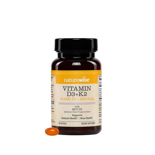 NatureWise Veganes Vitamin D3 + K2 mit Bio-Kokos-MCT-Öl – Natürliches D3 10.000 IE + K2 200 mcg – Hochdosiert für Knochenunterstützung – Non-GMO – 30 Weichkapseln (30-Tage-Vorrat)
