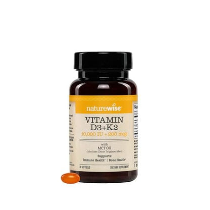 NatureWise Veganes Vitamin D3 + K2 mit Bio-Kokos-MCT-Öl – Natürliches D3 10.000 IE + K2 200 mcg – Hochdosiert für Knochenunterstützung – Non-GMO – 30 Weichkapseln (30-Tage-Vorrat)
