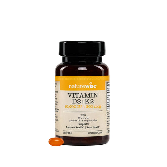 NatureWise Veganes Vitamin D3 + K2 mit Bio-Kokos-MCT-Öl – Natürliches D3 10.000 IE + K2 200 mcg – Hochdosiert für Knochenunterstützung – Non-GMO – 30 Weichkapseln (30-Tage-Vorrat)