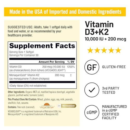 NatureWise Veganes Vitamin D3 + K2 mit Bio-Kokos-MCT-Öl – Natürliches D3 10.000 IE + K2 200 mcg – Hochdosiert für Knochenunterstützung – Non-GMO – 30 Weichkapseln (30-Tage-Vorrat)