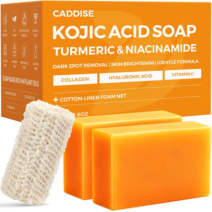 CADDISE Kojic Acid Turmeric Seife – 2er-Pack Handgemachte Seifenstücke gegen Dunkle Flecken mit Niacinamid, Sheabutter, Teebaumöl & Vitamin C