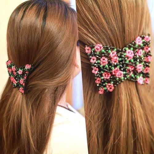 Qvunwlin 2 Stück Stretchbare Perlen-Haarkämme für Damen, Mehrfarbiger Magic Bun Maker Elastische Haarclips, Zubehör für dickes Haar