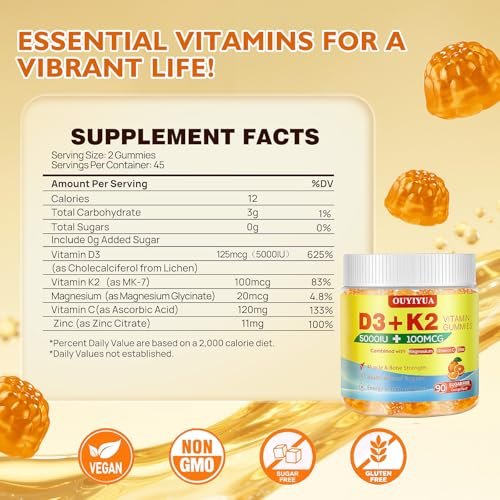OUYIYUA Vitamin D3 K2 Gummies – 5000IU D3 + 100mcg K2 (MK-7) für Erwachsene | Immunsystem, Knochen & Muskeln | 90 Stück