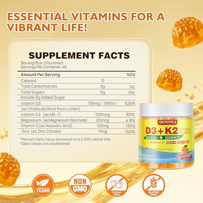 OUYIYUA Vitamin D3 K2 Gummies – 5000IU D3 + 100mcg K2 (MK-7) für Erwachsene | Immunsystem, Knochen & Muskeln | 90 Stück