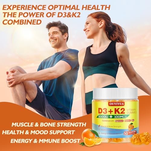 OUYIYUA Vitamin D3 K2 Gummies – 5000IU D3 + 100mcg K2 (MK-7) für Erwachsene | Immunsystem, Knochen & Muskeln | 90 Stück