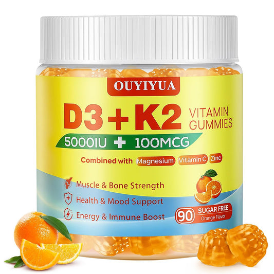 OUYIYUA Vitamin D3 K2 Gummies – 5000IU D3 + 100mcg K2 (MK-7) für Erwachsene | Immunsystem, Knochen & Muskeln | 90 Stück