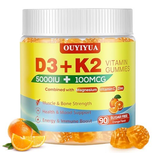 OUYIYUA Vitamin D3 K2 Gummies – 5000IU D3 + 100mcg K2 (MK-7) für Erwachsene | Immunsystem, Knochen & Muskeln | 90 Stück