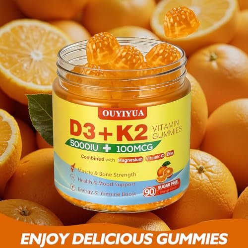 OUYIYUA Vitamin D3 K2 Gummies – 5000IU D3 + 100mcg K2 (MK-7) für Erwachsene | Immunsystem, Knochen & Muskeln | 90 Stück