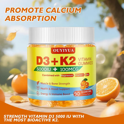 OUYIYUA Vitamin D3 K2 Gummies – 5000IU D3 + 100mcg K2 (MK-7) für Erwachsene | Immunsystem, Knochen & Muskeln | 90 Stück