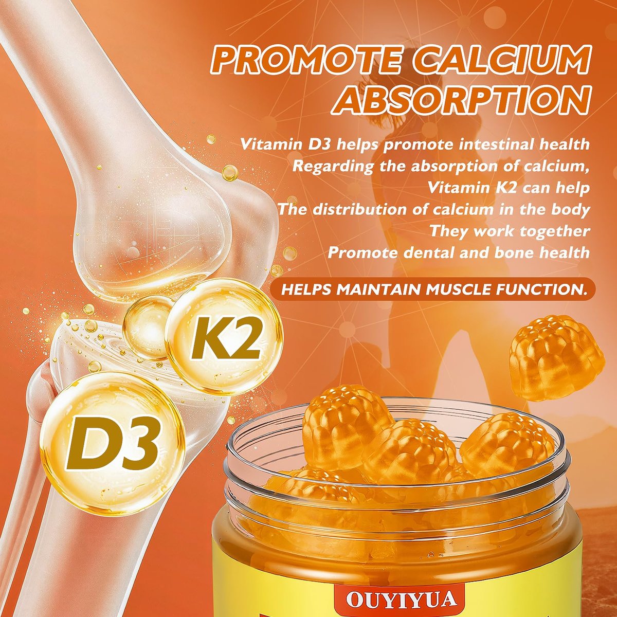 OUYIYUA Vitamin D3 K2 Gummies – 5000IU D3 + 100mcg K2 (MK-7) für Erwachsene | Immunsystem, Knochen & Muskeln | 90 Stück