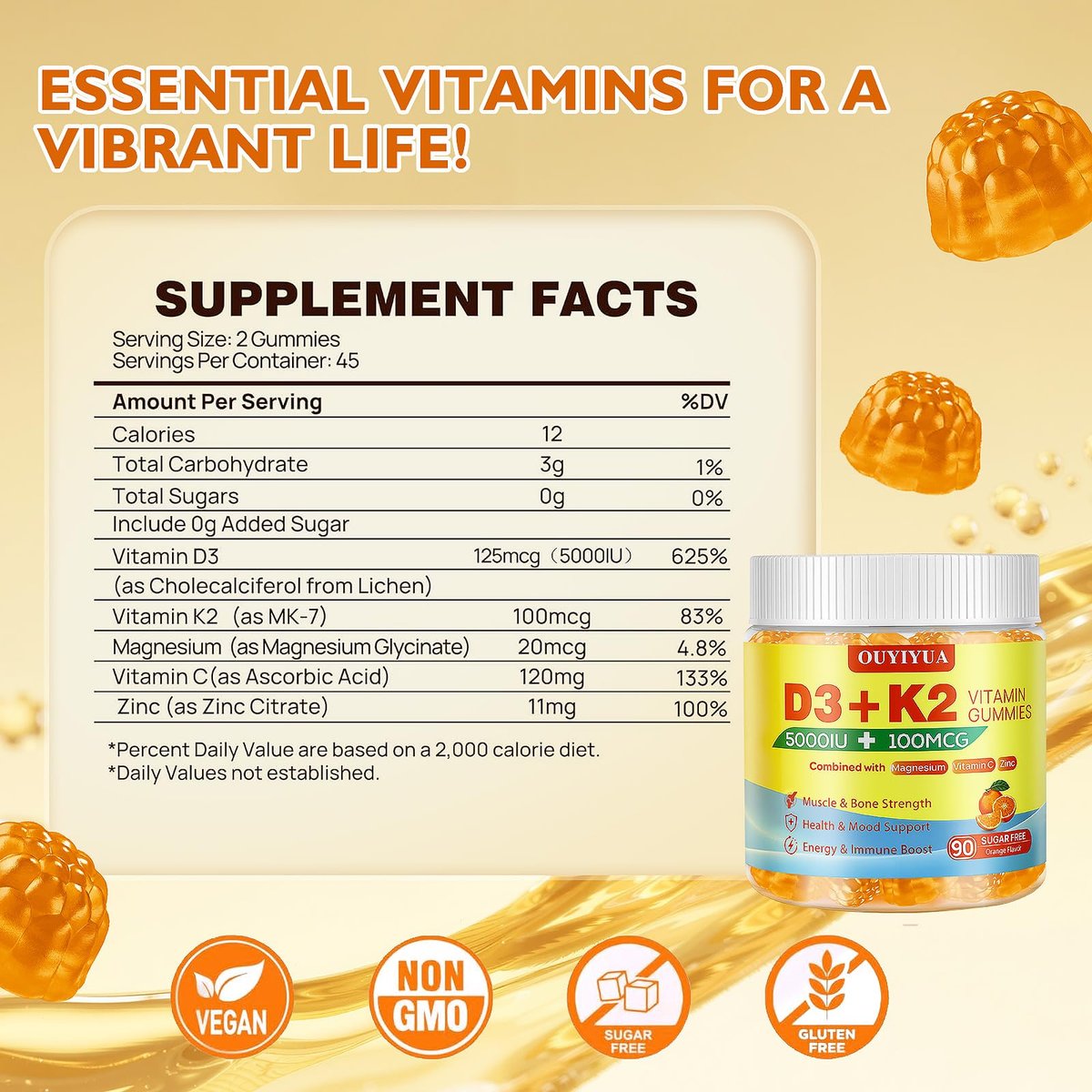 OUYIYUA Vitamin D3 K2 Gummies – 5000IU D3 + 100mcg K2 (MK-7) für Erwachsene | Immunsystem, Knochen & Muskeln | 90 Stück