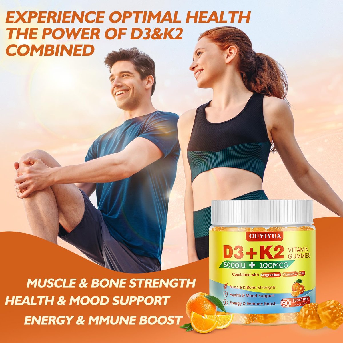 OUYIYUA Vitamin D3 K2 Gummies – 5000IU D3 + 100mcg K2 (MK-7) für Erwachsene | Immunsystem, Knochen & Muskeln | 90 Stück