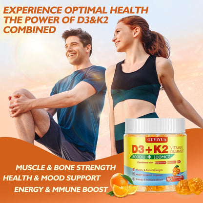 OUYIYUA Vitamin D3 K2 Gummies – 5000IU D3 + 100mcg K2 (MK-7) für Erwachsene | Immunsystem, Knochen & Muskeln | 90 Stück
