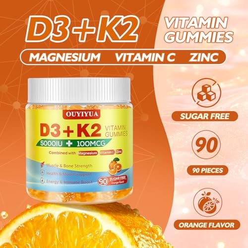 OUYIYUA Vitamin D3 K2 Gummies – 5000IU D3 + 100mcg K2 (MK-7) für Erwachsene | Immunsystem, Knochen & Muskeln | 90 Stück