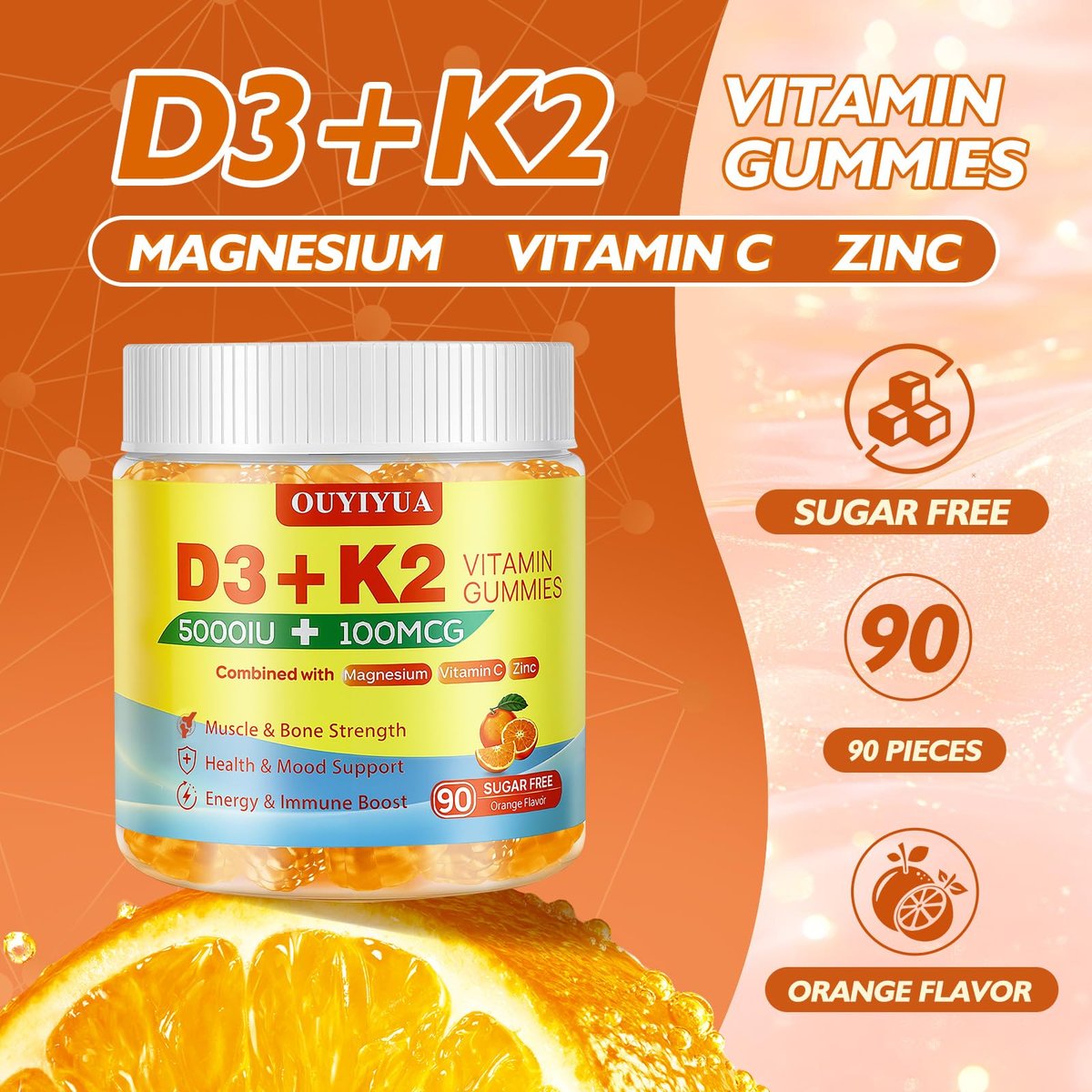 OUYIYUA Vitamin D3 K2 Gummies – 5000IU D3 + 100mcg K2 (MK-7) für Erwachsene | Immunsystem, Knochen & Muskeln | 90 Stück