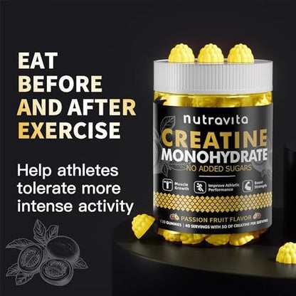 Nutravita NSF-zertifizierte Creatine Gummies – 5 g Creatin-Monohydrat pro Portion – Zuckerfrei, vegan, Passionsfruchtgeschmack – 120 Stück